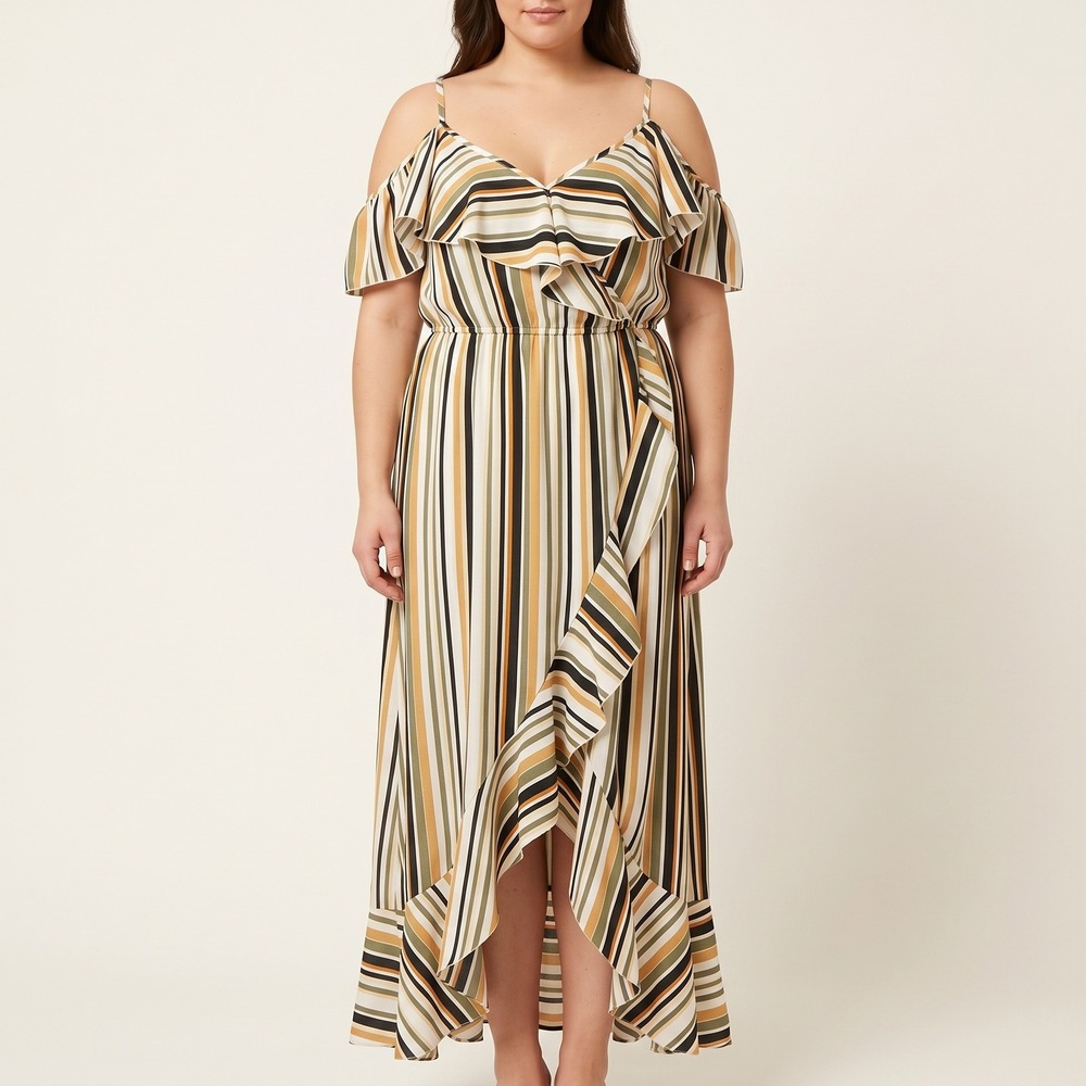 HINT OF BLUSH Large Striped Earth Tone Off Shoulder Ruffled Faux Wrap Maxi Dress